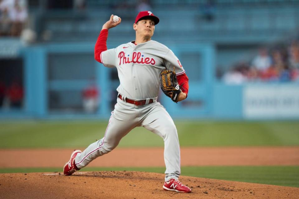 Philadelphia Phillies starting pitcher Spencer Howard delivers during the first inning of a baseball game against the Los Angeles Dodgers in Los Angeles, Monday, June 14, 2021. (AP Photo/Kyusung Gong)