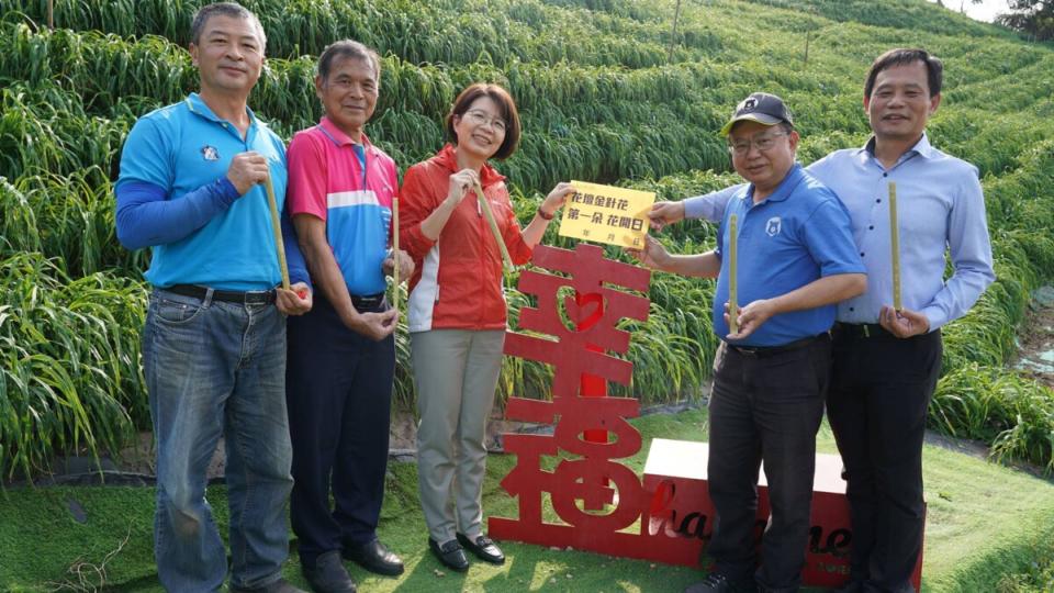 ▲參山處長曹忠猷日前與立法委員黃秀芳、彰化縣議員李成濟等人，一起在虎山巖的金針花田前，以抽籤方式猜猜第一朵金針花何時會開。（參山處提供）