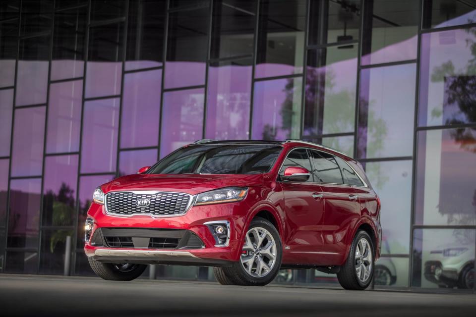 <p><strong>MSRP: </strong>$27,335 <strong>Engine: </strong>2.4-liter inline-4 <strong>EPA Combined: </strong>25 mpg</p><p>The <a href="https://www.caranddriver.com/kia/sorento" rel="nofollow noopener" target="_blank" data-ylk="slk:Sorento;elm:context_link;itc:0;sec:content-canvas" class="link ">Sorento</a> has a comfortable cabin, nicely chosen interior materials, good cargo space and generous standard connectivity equipment. It rides well, but its base four-cylinder engine is not particularly strong. Its tight third row can only be accessed from the passenger side, a definite drawback.</p>