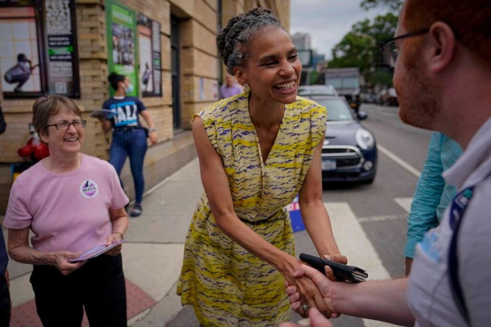 Democratic mayoral candidate Maya Wiley greets voters during a campaign stop in the West Village neighborhood of New York on June 22.