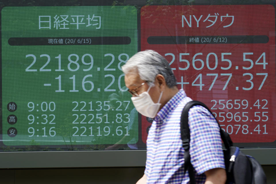 A man walks past an electronic stock board showing Japan's Nikkei 225 index and New York Does index at a securities firm in Tokyo Monday, June 15, 2020. Asian shares were mostly lower Monday on concern over a resurgence of coronavirus cases and pessimism after Wall Street posted its worst week in nearly three months. (AP Photo/Eugene Hoshiko)