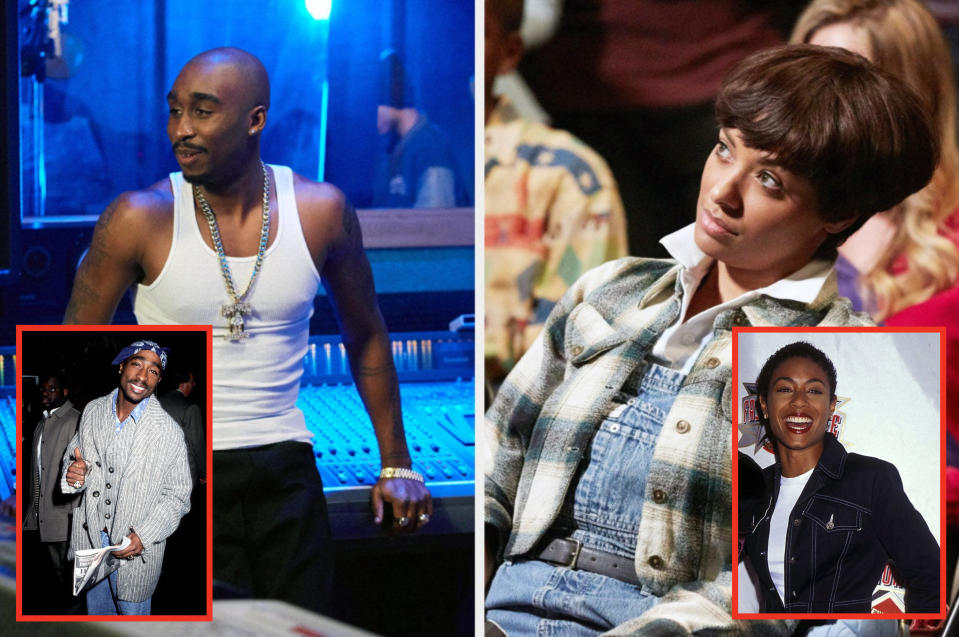 Demetrius Shipp Jr. as Tupac Shakur stands in a recording studio; Kat Graham as Jada Pinkett sits in a chair and looks up in "All Eyez on Me"