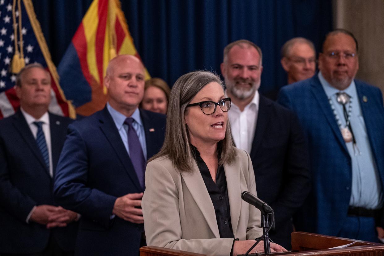 Arizona Gov. Katie Hobbs speaks during a press conference discussing Colorado River conservation investments at the state Capitol in Phoenix on April 6, 2023.