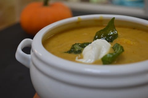 <strong>Get the <a href="http://food52.com/recipes/14746-roasted-pumpkin-sesame-coconut-bisque" target="_blank">Roasted Pumpkin, Sesame And Coconut Bisque recipe</a> from Food52</strong>