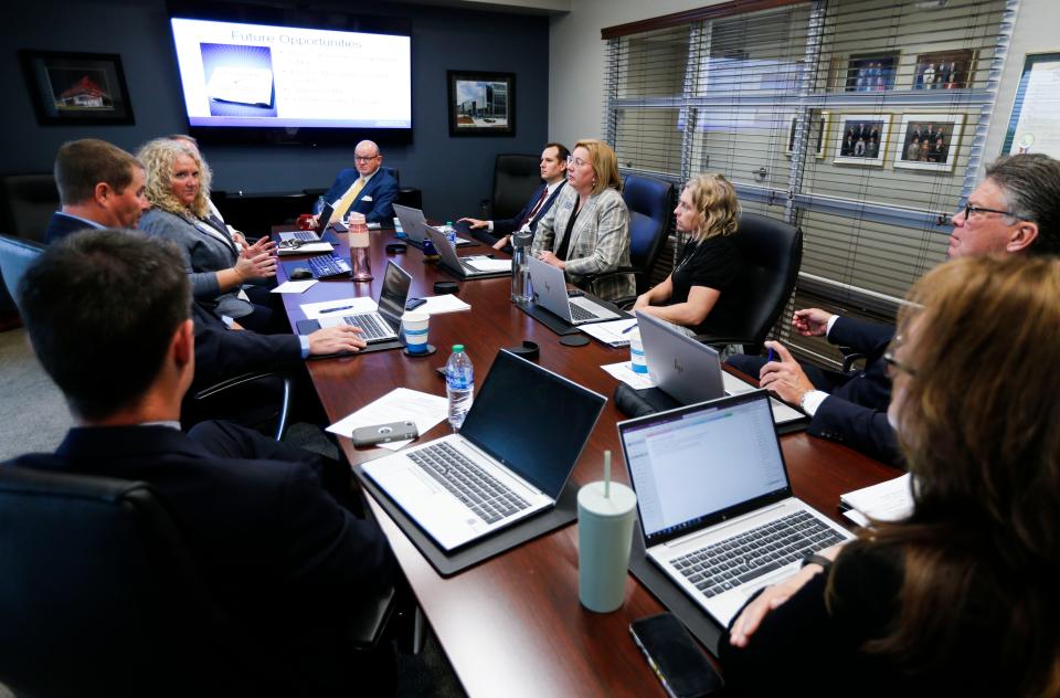 Joan Barrett, the Vice Chancellor for Student Affairs at OTC, during a chancellor's cabinet meeting on Tuesday, April 16, 2024. Barrett, who started her career at OTC in 1996, is retiring at the end of this school year.