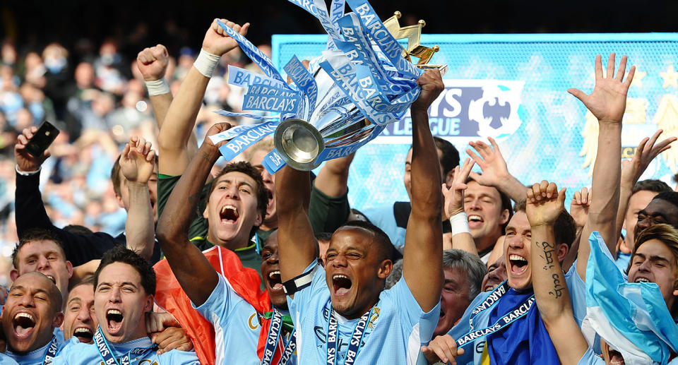 Seen here, Manchester City's players celebrate winning the English Premier League title in 2012.