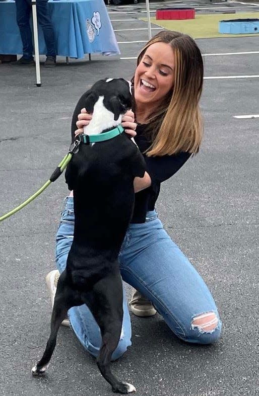 English boxer Stella gives event coordinator Gabby Walsh kisses at Puppy Palooza at the Pinnacle at Turkey Creek on April 15.