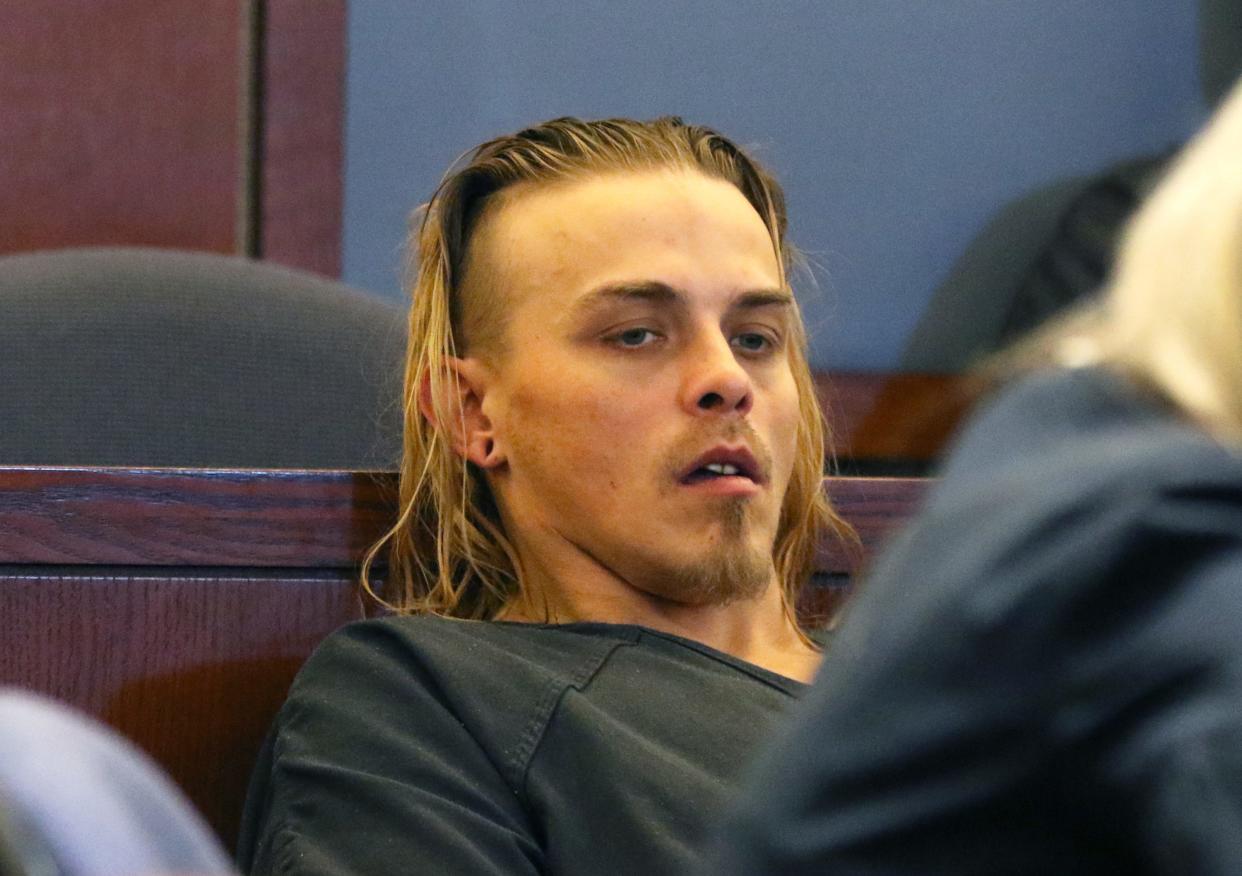 Corey Trumbull, charged in the slaying of an 11-year-old boy in Texas, appears in court at the Regional Justice Center on Thursday, March 5, 2020, in Las Vegas. Trumbull was arrested in Las Vegas after police responded to a call about a domestic violence attack on Boulder Highway on Feb. 25, 2020. (Bizuayehu Tesfaye/Las Vegas Review-Journal) @bizutesfaye
