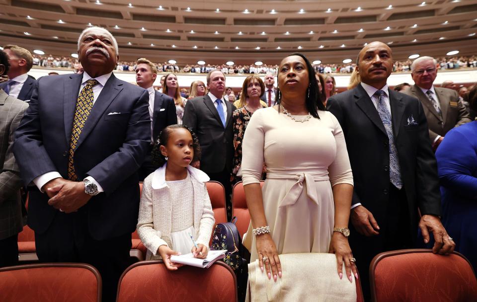 Greg McConnell, Bella Waugh, Patricia Waugh and Rondie Waugh sing during the193rd Semiannual General Conference of The Church of Jesus Christ of Latter-day Saints at the Conference Center in Salt Lake City on Saturday, Sept. 30, 2023. | Jeffrey D. Allred, Deseret News