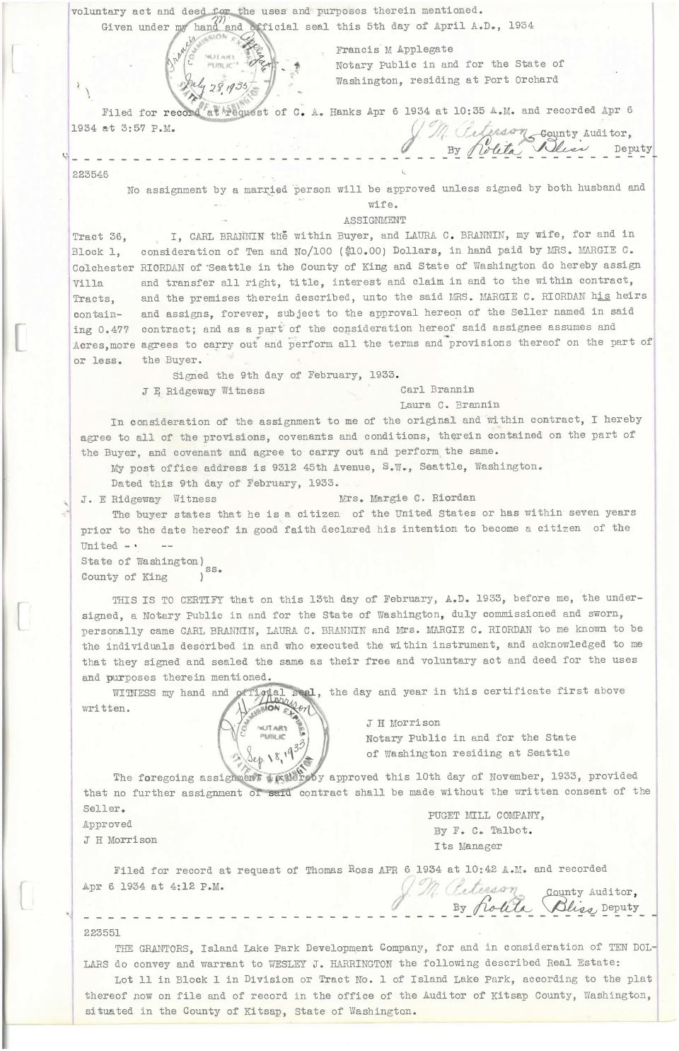 A deed of a property on the east side of Island Lake in the 1930s has language of racial restrictions that said "No part of the premises shall be used for any purpose contrary to the law, nor be occupied by any person not of the Caucasion or white race," in Page 2.