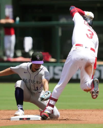 St. Louis, United States. 06th Aug, 2023. Colorado Rockies starting pitcher Austin  Gomber goes to the rozen bag during the first inning against the delivers a  pitch to the St. Louis Cardinals