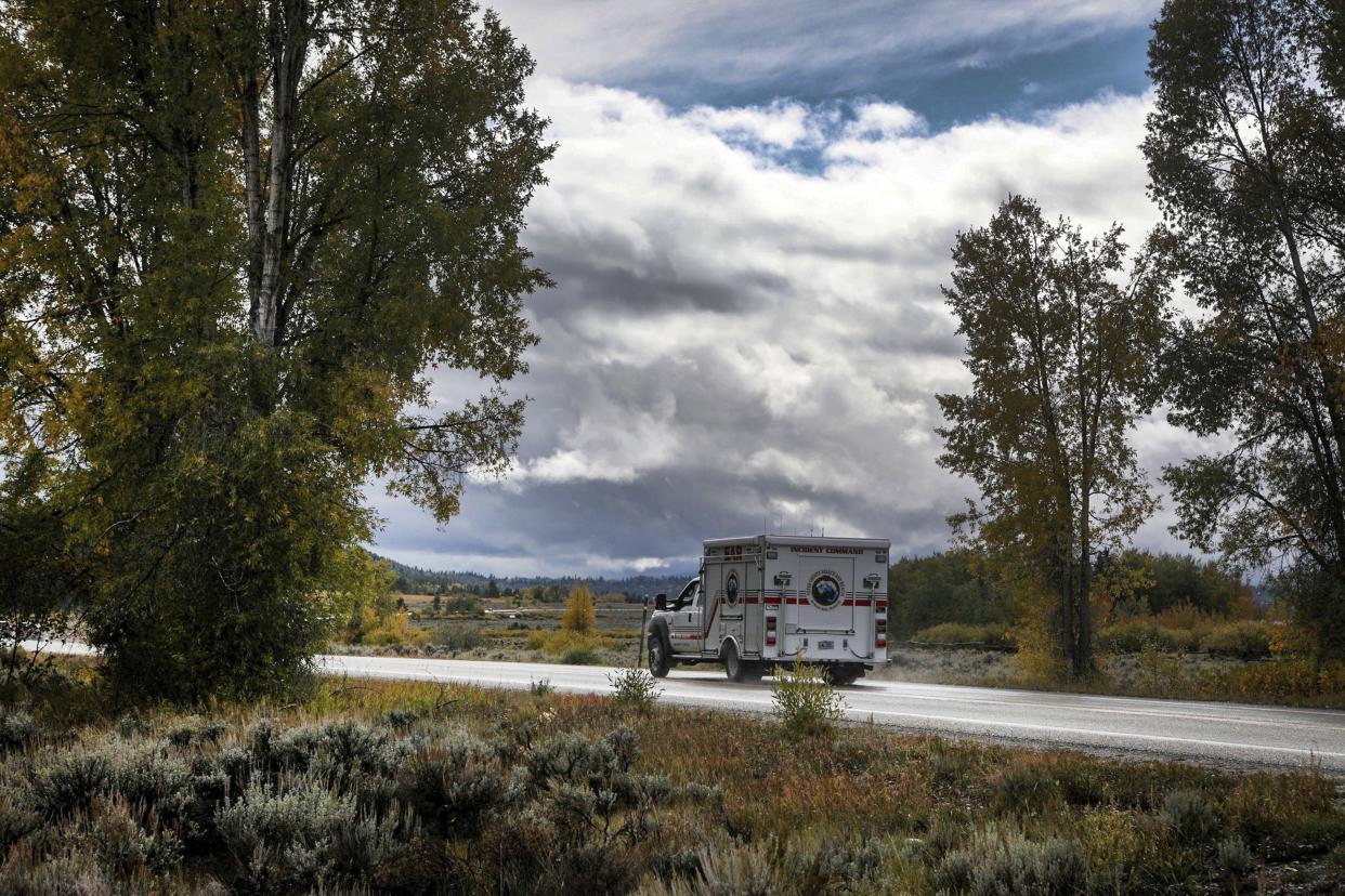 A Teton County Search and Rescue vehicle drives in the Spread Creek area in the Bridger-Teton National Forest, just east of Grand Teton National Park in Wyoming. Authorities say they have found a body believed to be Gabrielle "Gabby" Petito, who went missing on a trip with her boyfriend. 