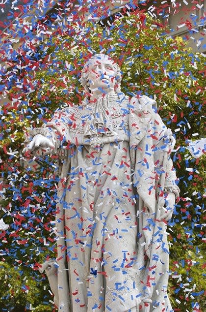 The statue of King Louis XVI was showered with confetti Sept. 10, 2004. It was announced that the statue, donated to the city in 1967, would be cleaned and repaired.