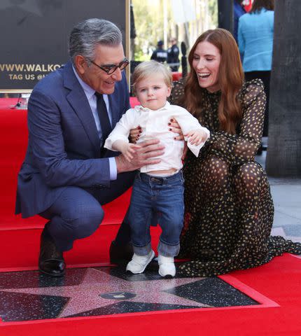 <p>Matt Baron/BEI/Shutterstock</p> Eugene Levy, daughter Sarah Levy and grandson James on March 8, 2024.