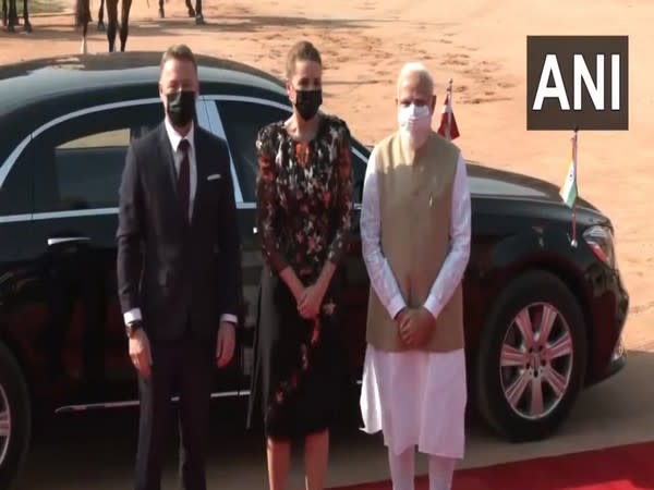 Prime Minister Narendra Modi receives Prime Minister of Denmark, Mette Frederiksen at Rashtrapati Bhawan in Delhi