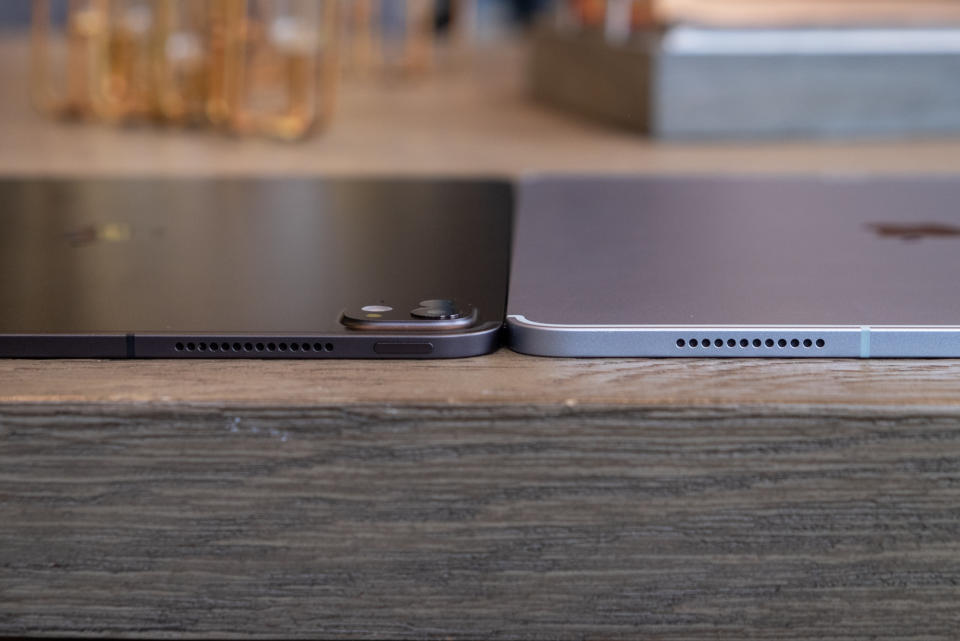 <p>Apple’s new iPad Pro on the left and iPad Air on the right</p>
