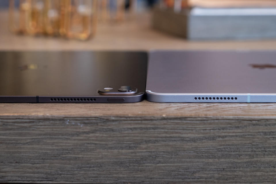 <p>Apple’s new iPad Pro on the left and iPad Air on the right</p> 