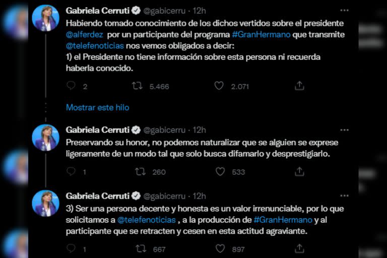 La palabra de Gabriera Cerruti tras los dichos de Alfa (Captura Twitter)