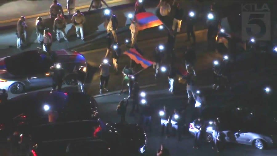 Demonstrators shut down the 101 Freeway calling attention to the ongoing crisis between Armenia and Azerbaijan on Sept. 19, 2023. (KTLA)