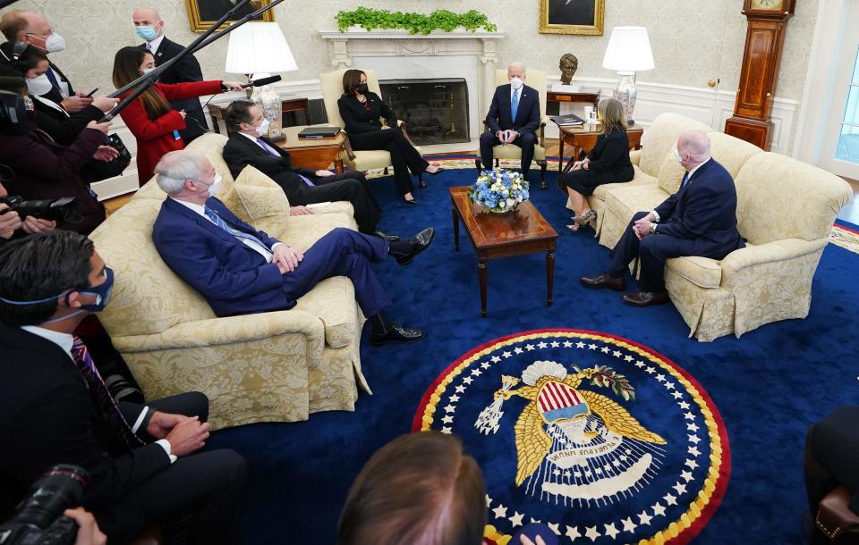 President Joe Biden and Vice President Kamala Harris met with governors and mayors on his COVID-19 economic relief plan in the Oval Office on Feb. 12.