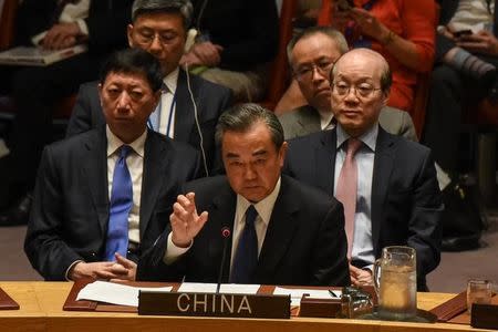 China's Foreign Minister Wang Yi speaks at a Security Council meeting on the situation in North Korea at the United Nations, in New York City, U.S., April 28, 2017. REUTERS/Stephanie Keith
