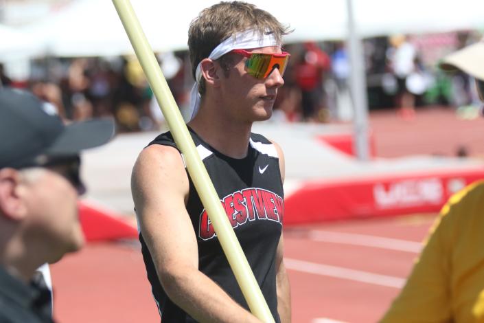 Crestview's Shawn Bailey prepares for the boys pole vault during the Division III state track and field meet Friday at Jesse Owens Memorial Stadium in Columbus.