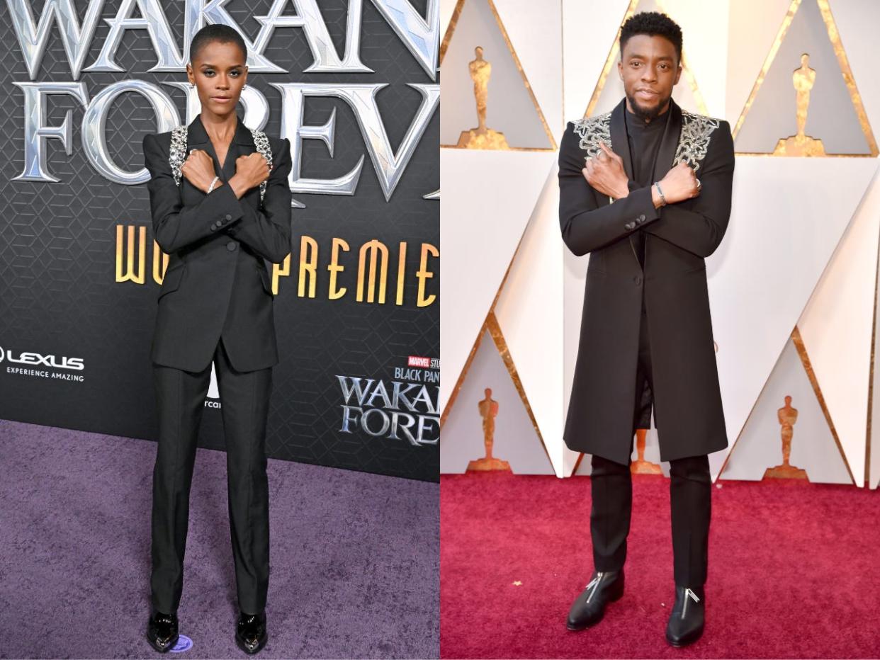 Letitia Wright (Left) at the "Black Panther 2: Wakanda Forever" Premiere at Dolby Theatre on October 26, 2022 and Chadwick Boseman (Right) at the  90th Annual Academy Awards at Hollywood & Highland Center on March 4, 2018 in Hollywood, California.