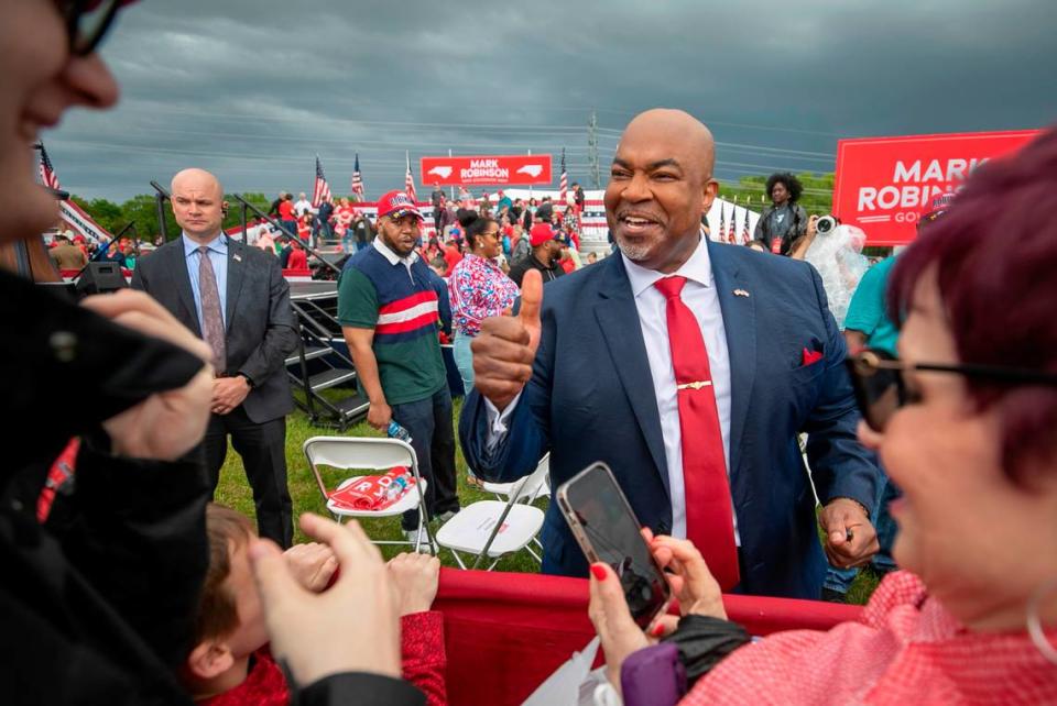 North Carolina Lt. Governor Mark Robinson greets supporters after announcing his candidacy for Governor of North Carolina on Saturday, April 22, 2023 at Ace Speedway in Elon, N.C.