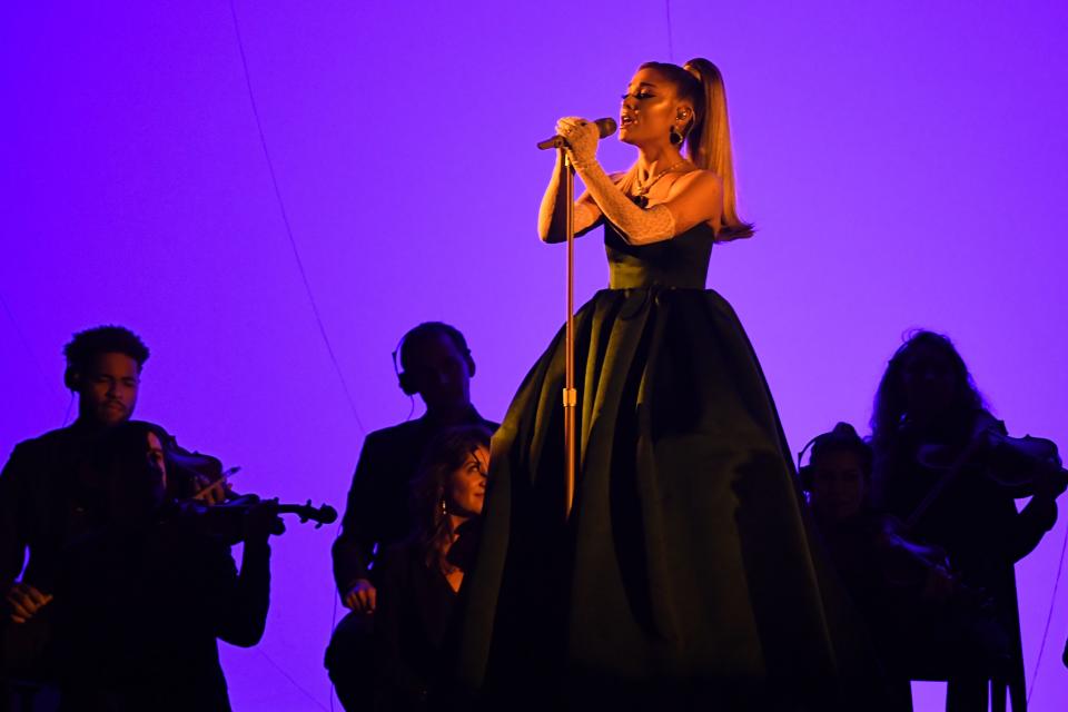 US singer-songwriter Ariana Grande performs during the 62nd Annual Grammy Awards on January 26, 2020, in Los Angeles. (Photo by Robyn Beck / AFP) (Photo by ROBYN BECK/AFP via Getty Images)