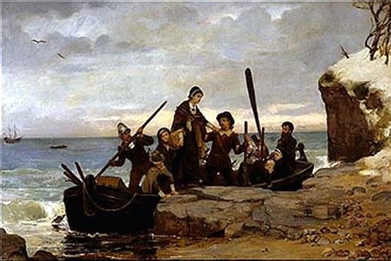 On December 21, 1620, the Pilgrims arrived at Plymouth, Mass., following a 63-day voyage from England aboard the Mayflower. Image by Henry Bacon/Pilgrim Hall Museum