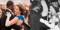 <p>Claire Foy plays Queen Elizabeth II in the first two seasons of <em>The Crown</em>. From perfecting the queen’s accent to mirroring veritable fashion and political moments (like this dance with Ghanaian president Kwame Nkrumah during a royal visit in 1961), Claire has captured the essence of the monarch with grace and strength. </p>