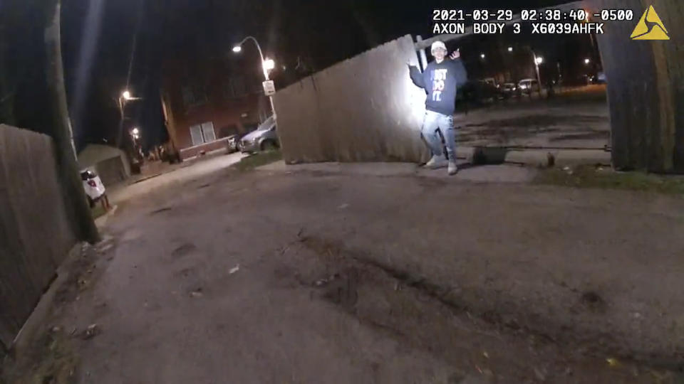 FILE - This March 29, 2021 image from Chicago Police Department video shows the moment before Officer Eric Stillman fatally shot Adam Toledo, 13, in Chicago. Stillman had 3 complaints and 4 use of force reports in his 6-year record, according to a watchdog group, the Invisible Institute. (Chicago Police Department via AP)