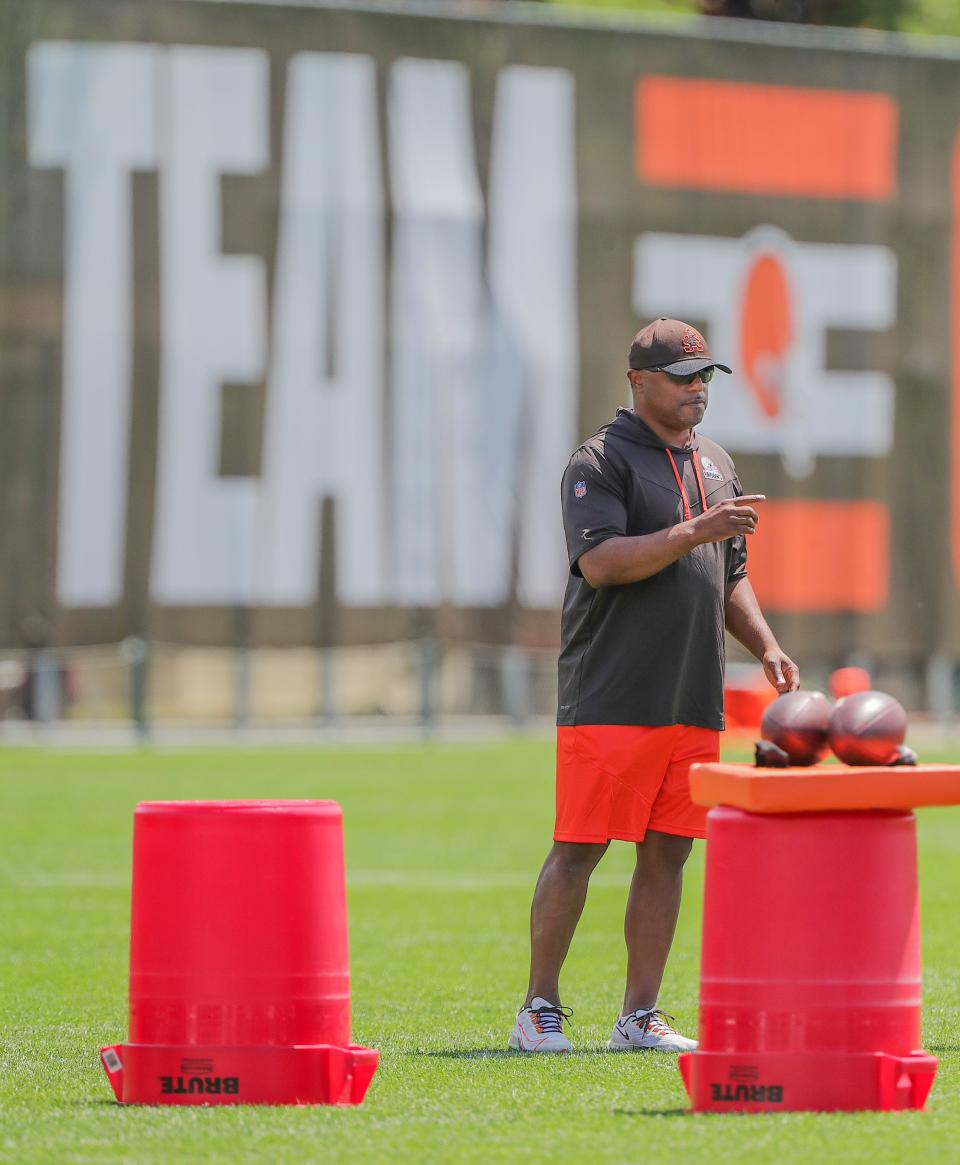 Cleveland Browns defensive coordinator Joe Woods gets ready to work with his defense during training camp on Friday, July 29, 2022 in Berea.