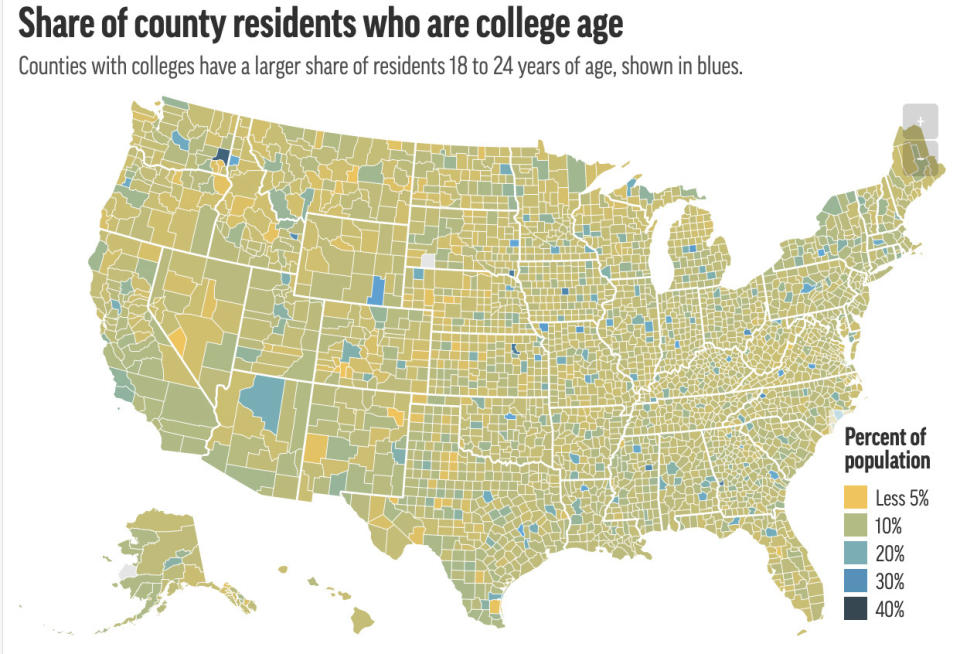 This preview image of an AP digital embed shows share of residents who are college age, 18-24 years, shown by county. (AP Digital Embed)