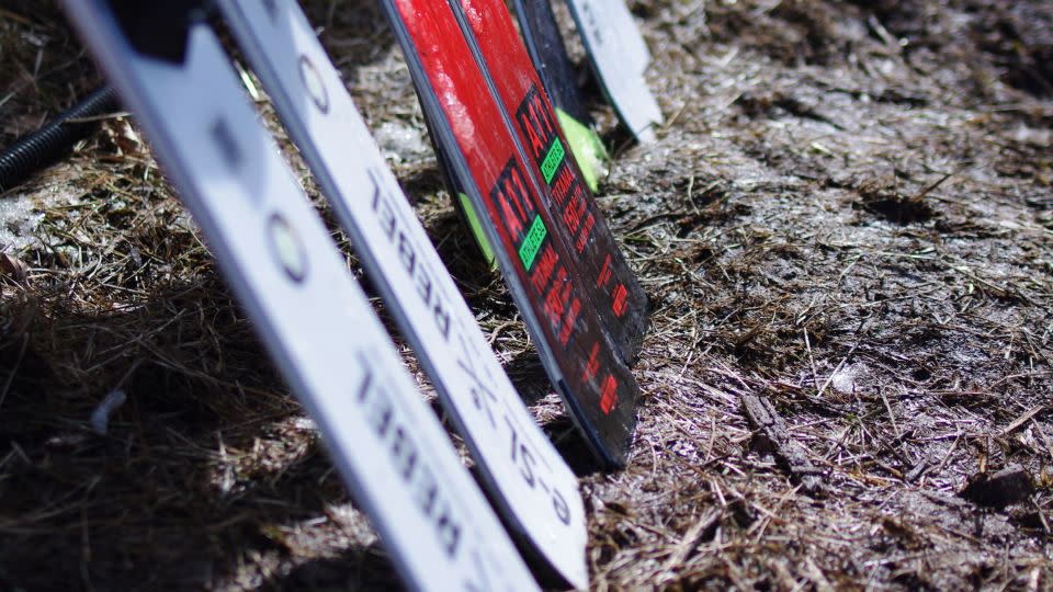 Skis in the muddy ground at Campo Felice. - Fiona Sibbett/CNN