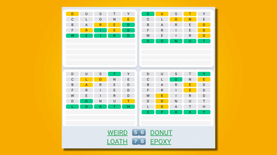 Quordle Daily Sequence answers for game 524 on a yellow background