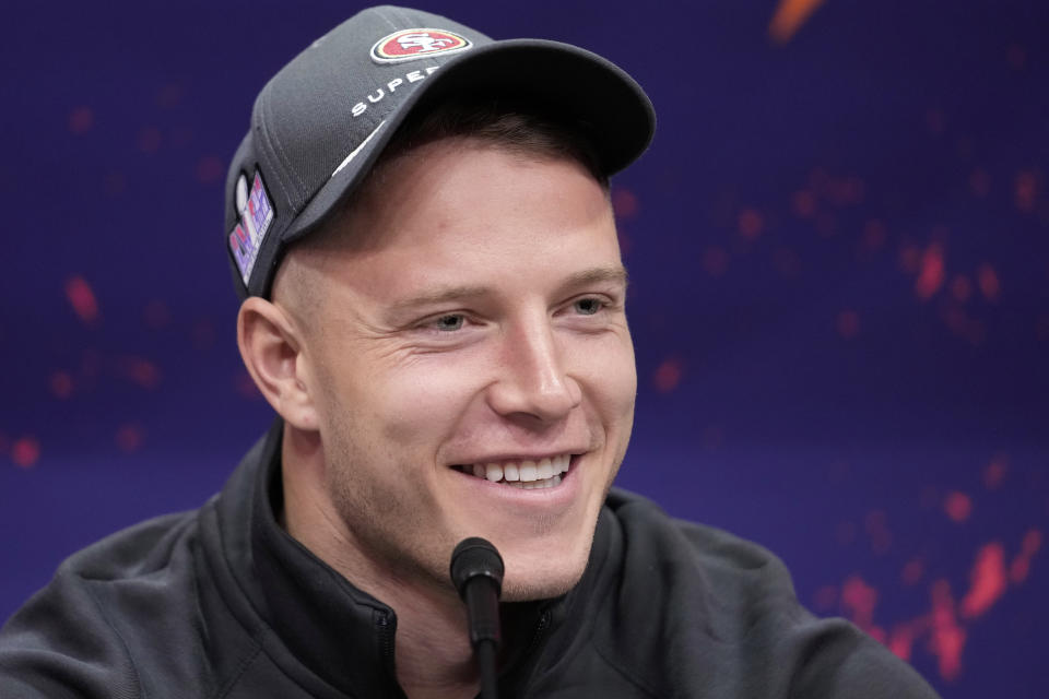 San Francisco 49ers running back Christian McCaffrey participates in the NFL football Super Bowl 58 opening night, Monday, Feb. 5, 2024, in Las Vegas. The San Francisco 49ers face the Kansas City Chiefs in Super Bowl 58 on Sunday. (AP Photo/Godofredo A. Vásquez)