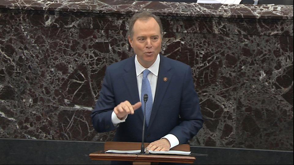 In this image from video, House impeachment manager Rep. Adam Schiff, D-Calif., speaks during the impeachment trial against President Donald Trump in the Senate at the U.S. Capitol in Washington, Friday, Jan. 24, 2020. (Senate Television via AP)