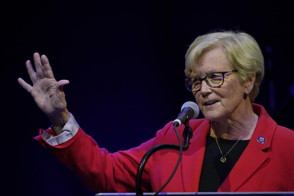 U.S. Rep. Chellie Pingree, D-Maine, addresses supporters after being re-elected, Tuesday, Nov. 8, 2022, in Portland, Maine. (AP Photo/Robert F. Bukaty)