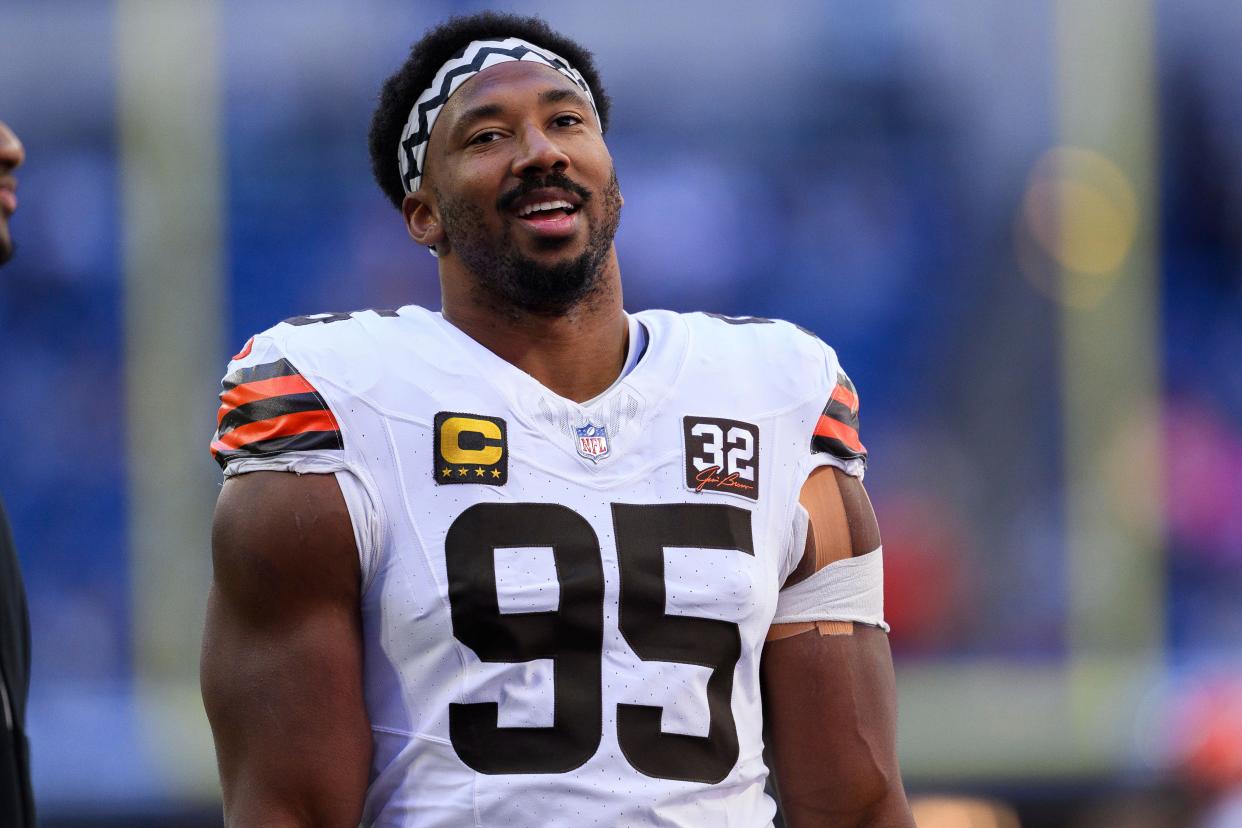 Cleveland Browns defensive end Myles Garrett (95) warms up on the field before an Oct. 22 game against the Indianapolis Colts in Indianapolis.