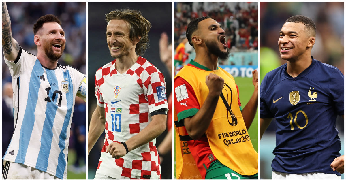 World Cup 2022 semi-finalists (from left) Lionel Messi of Argentina, Luka Modric of Croatia, Sofiane Boufal of Morocco and Kylian Mbappe of France. (PHOTOS: Getty Images/Reuters)