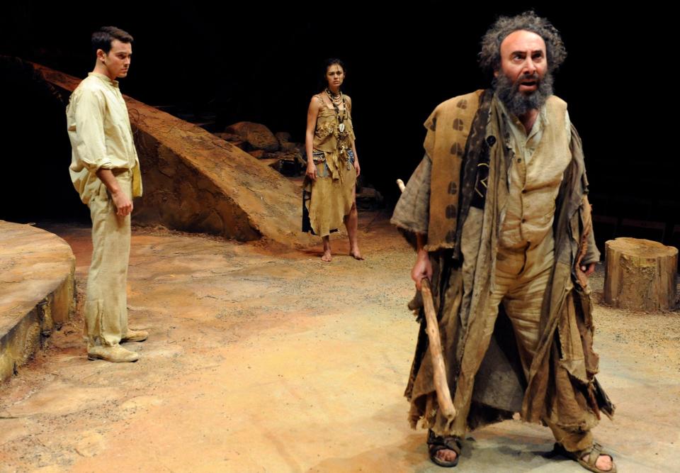 Sher as Prospero, with Charlie Keegan as Ferdinand and Tinarie van Wyk-Loots as Miranda, in the Baxter Theatre/RSC production of The Tempest at the Courtyard Theatre, Stratford, in 2009 - Robbie Jack/Corbis via Getty Images
