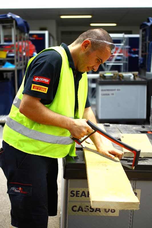 It takes 2.5 days and about 12 people to complete the logistics of setting up the garage. (Courtesy of Scuderia Toro Rosso)