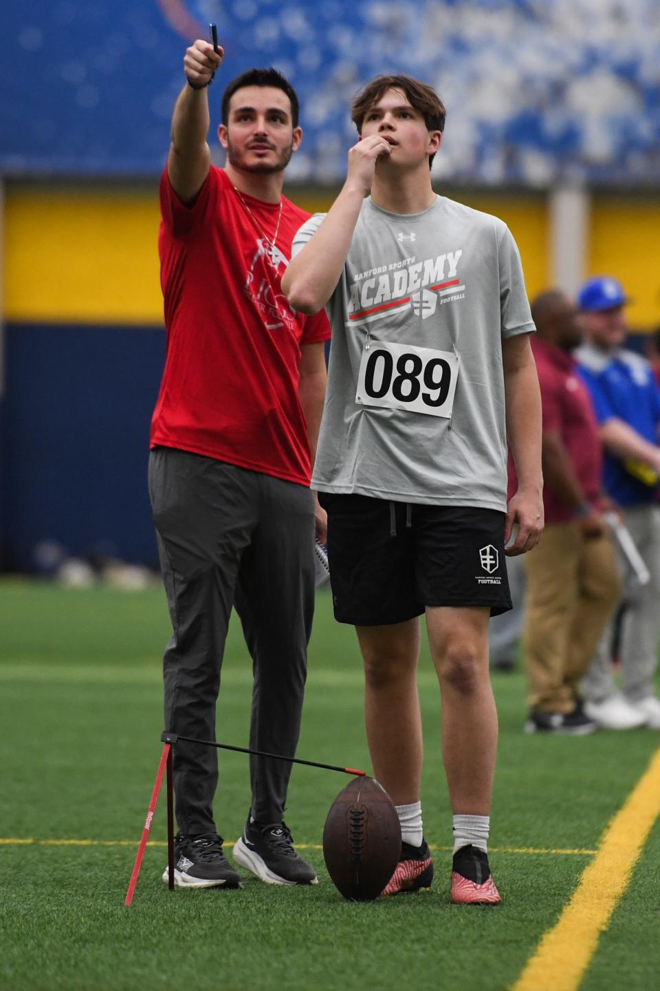 Brookings High School sophomore Drew Johnson performs a kick test as the only kicker at the 2024 Sanford Sports Football Academy Combine on Friday, April 26, 2024, at Sanford Fieldhouse in Sioux Falls.