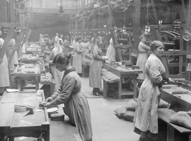 <span class="caption">Women making boots in the Royal Army Clothing Department in London.</span> <span class="attribution"><span class="source">Imperial War Museum (IWM)</span>, <a class="link " href="http://creativecommons.org/licenses/by-nd/4.0/" rel="nofollow noopener" target="_blank" data-ylk="slk:CC BY-ND;elm:context_link;itc:0;sec:content-canvas">CC BY-ND</a></span>