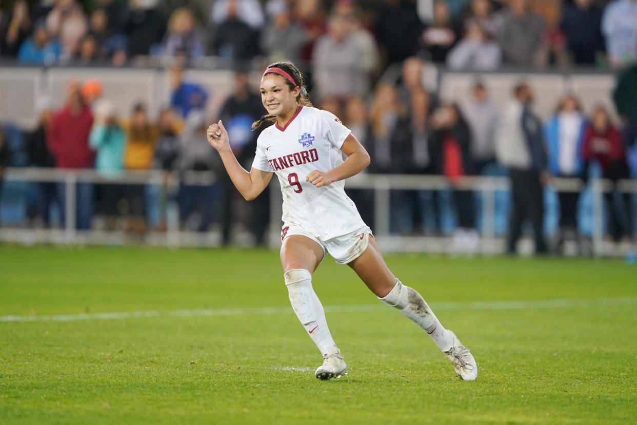 Stanford's Sophia Smith is reportedly a target for the Portland Thorns with the No. 1 pick in the NWSL draft. (Photo by John Todd/ISI Photos/Getty Images).