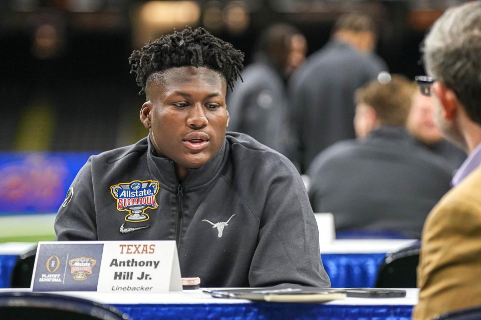 Texas linebacker Anthony Hill Jr. speaks to media at the Superdome on Saturday in New Orleans. Hill headlines an impressive freshman class for the Longhorns, who will face Washington in a College Football Playoff semifinal on Monday.