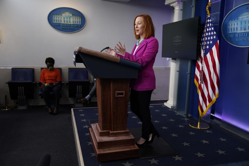 White House press secretary Jen Psaki speaks during a press briefing at the White House, Thursday, Jan. 28, 2021, in Washington. (AP Photo/Evan Vucci)