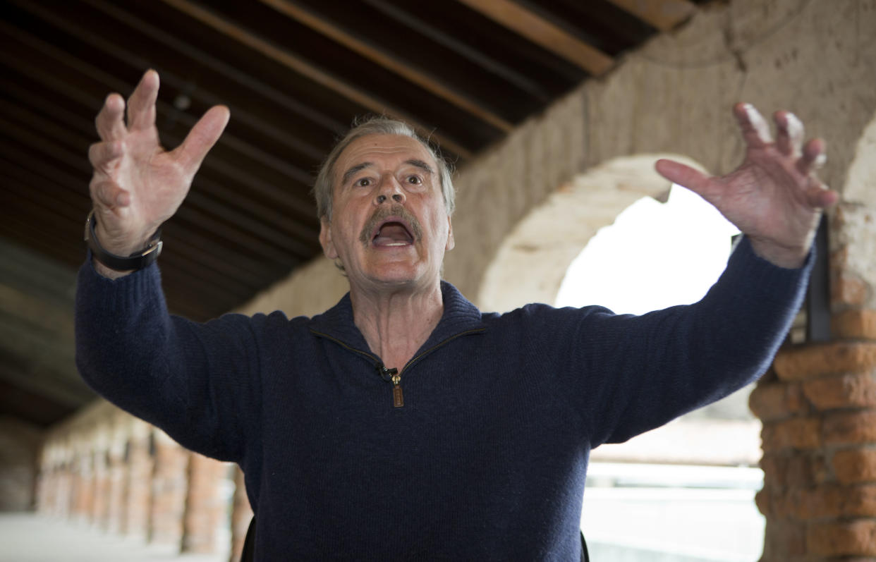 Former Mexican President Mexico Vicente Fox gives an interview at the "Fox Center," an academic facility focused on free enterprise in San Cristobal, Mexico, Wednesday, March  9, 2016. Fox criticized Bernie Sanders as a proponent of the kind of “stupid” populism that has led to “demagogy” in some Latin American nations. (AP Photo/Eduardo Verdugo)