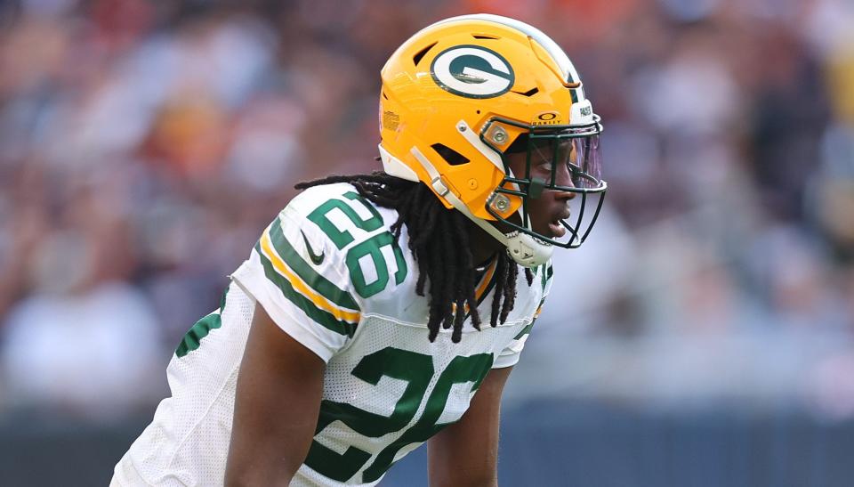 CHICAGO, ILLINOIS - SEPTEMBER 10: Darnell Savage #26 of the Green Bay Packers in action against the Chicago Bears during the third quarter at Soldier Field on September 10, 2023 in Chicago, Illinois. (Photo by Michael Reaves/Getty Images)